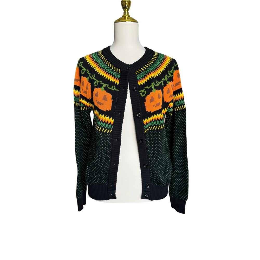 ModCloth Pumpkin Fair Isle Halloween Sweater Cardigan Pumpkin Sweater Medium - Picture 2 of 16
